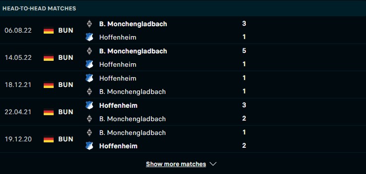 Lịch sử đối đầu giữa hai đội Hoffenheim vs M'gladbach